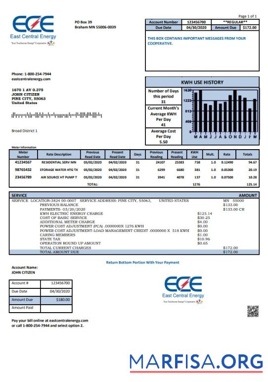 Downloadable USA Minnesota East Central Energy utility bill template in Word and PDF (.doc and .pdf) format